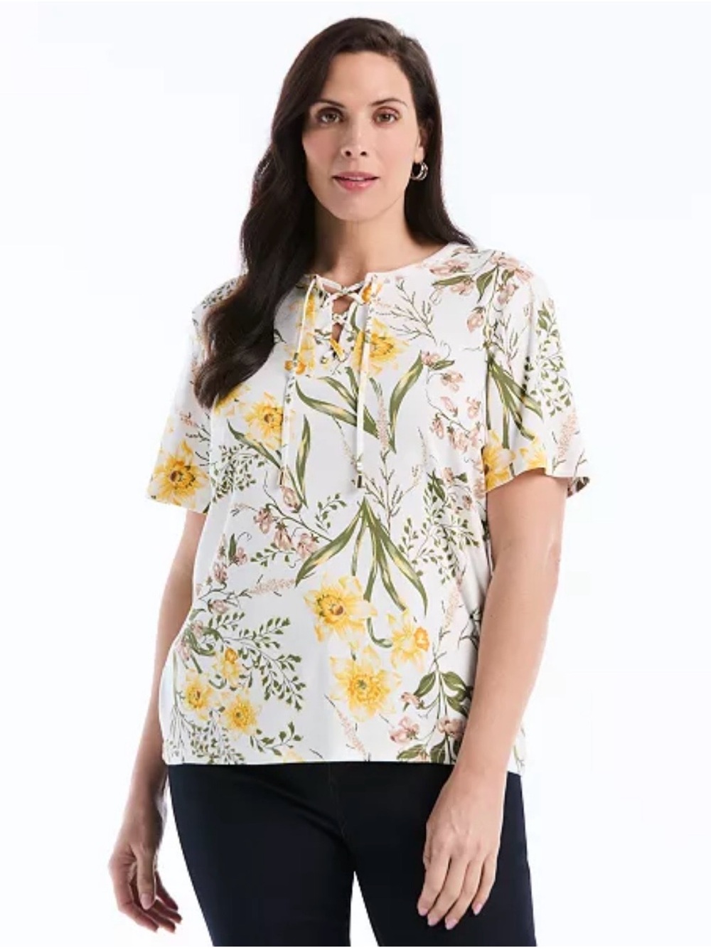 BNWT Rafaella White Floral Lace-Up Short Sleeve Top w/ Yellow Blossoms Size 2X